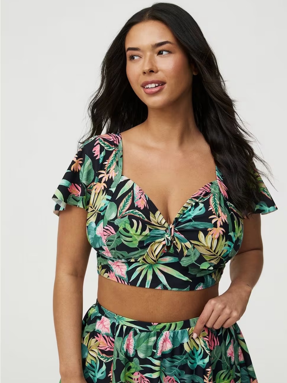 torrid Black Tropical Floral Twist V-Neck Swim Top
